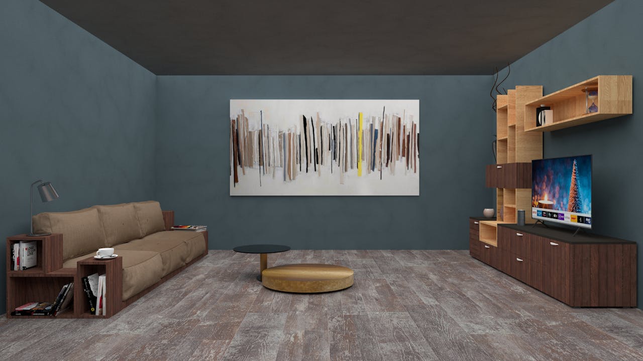 Services Spacious modern living room featuring abstract art, comfy sofa, and sleek TV unit for interior design inspiration.